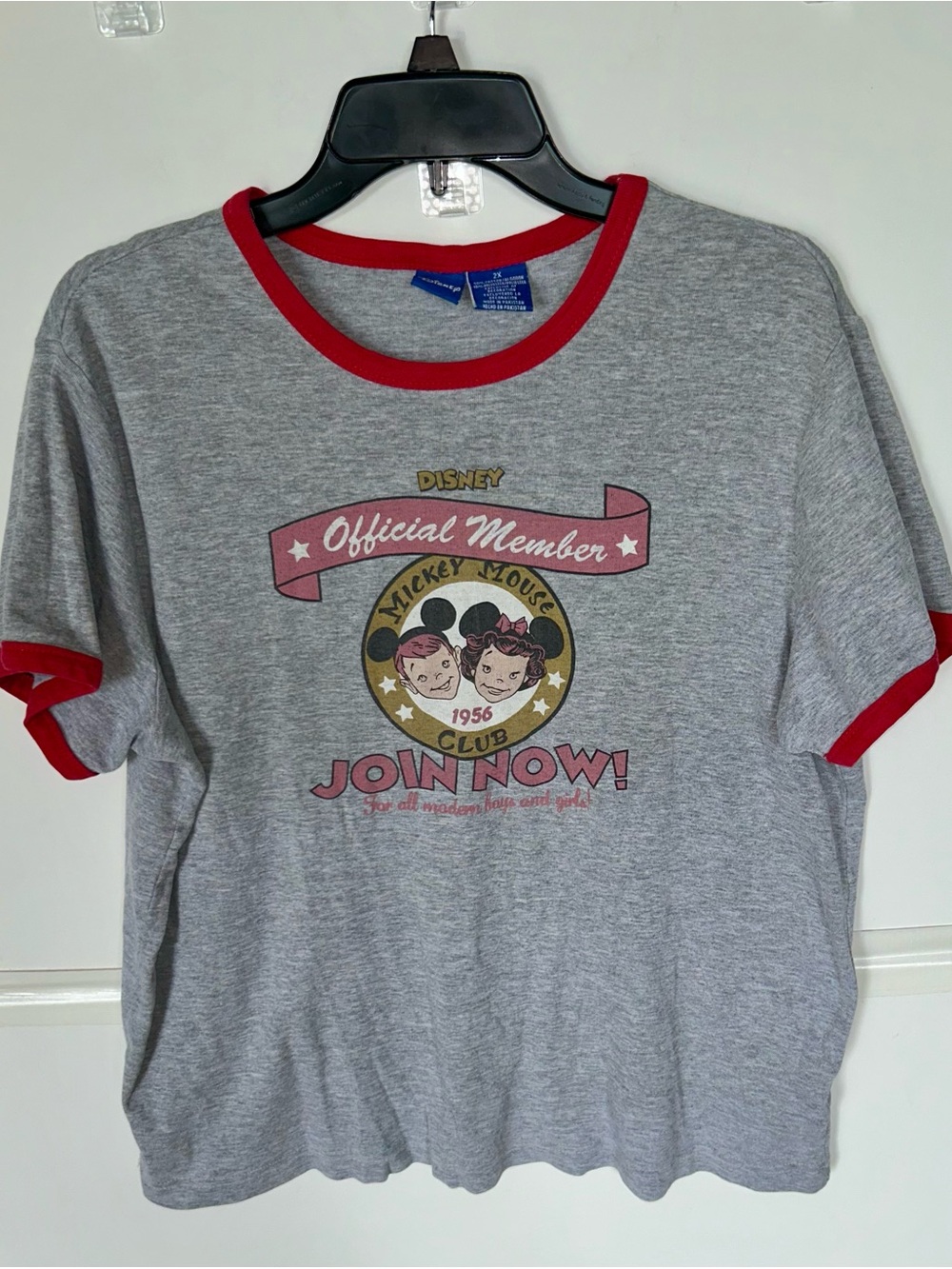 Disney Grey Ringer Tee with Red Trim and Retro Mickey Mouse Club Graphic. 2X